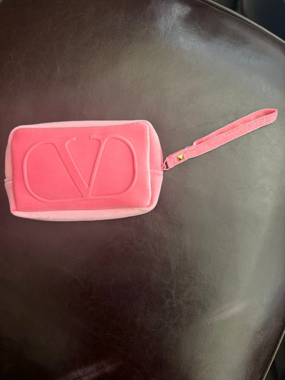 Valentino Pink Velvet Embossed V Wristlet Pouch